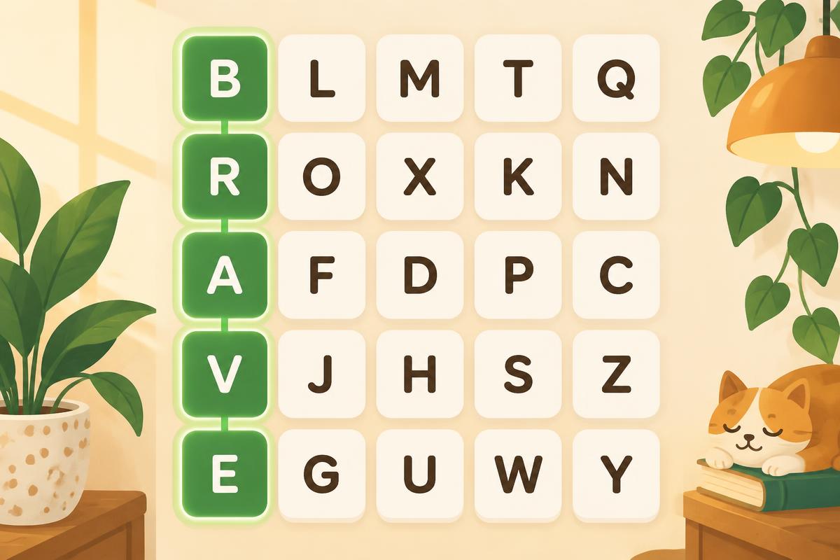Illustration of Word Wend: letter tiles connected by a line to spell the word BRAVE